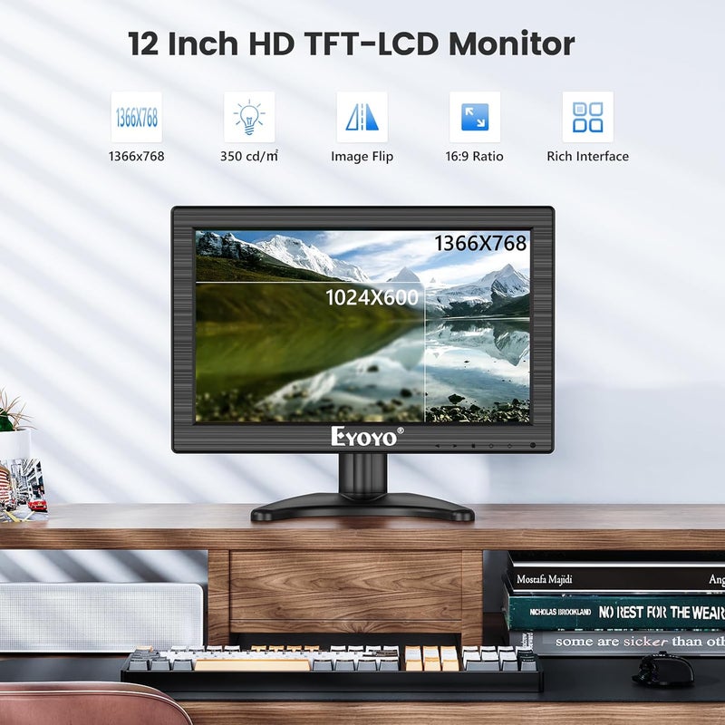 EYOYO 12 Inch Small Monitor with BNC, HDMI VGA AV Inputs, Compact CCTV Security Monitor for Surveillance, Secondary Display for Small Spaces, Wall Mountable, Cables & Remote Included - Image 2